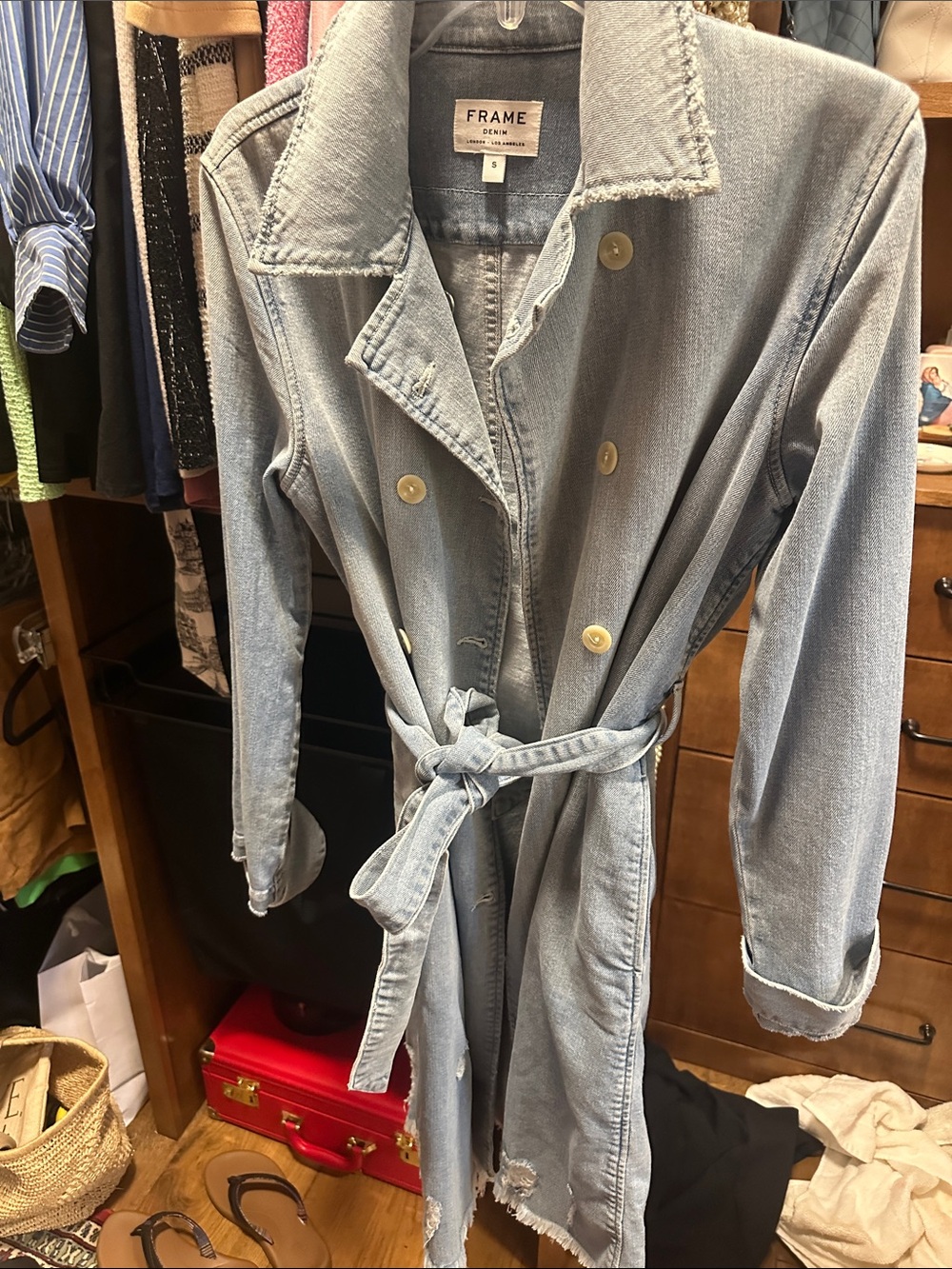Frame Denim Light Blue Tie-Waist Denim Trench Coat